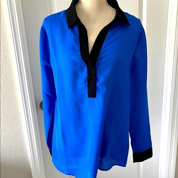 Collections LTD Vintage Bright Royal Blue Black Blouse Popover SZ M NWOT - Picture 1 of 5